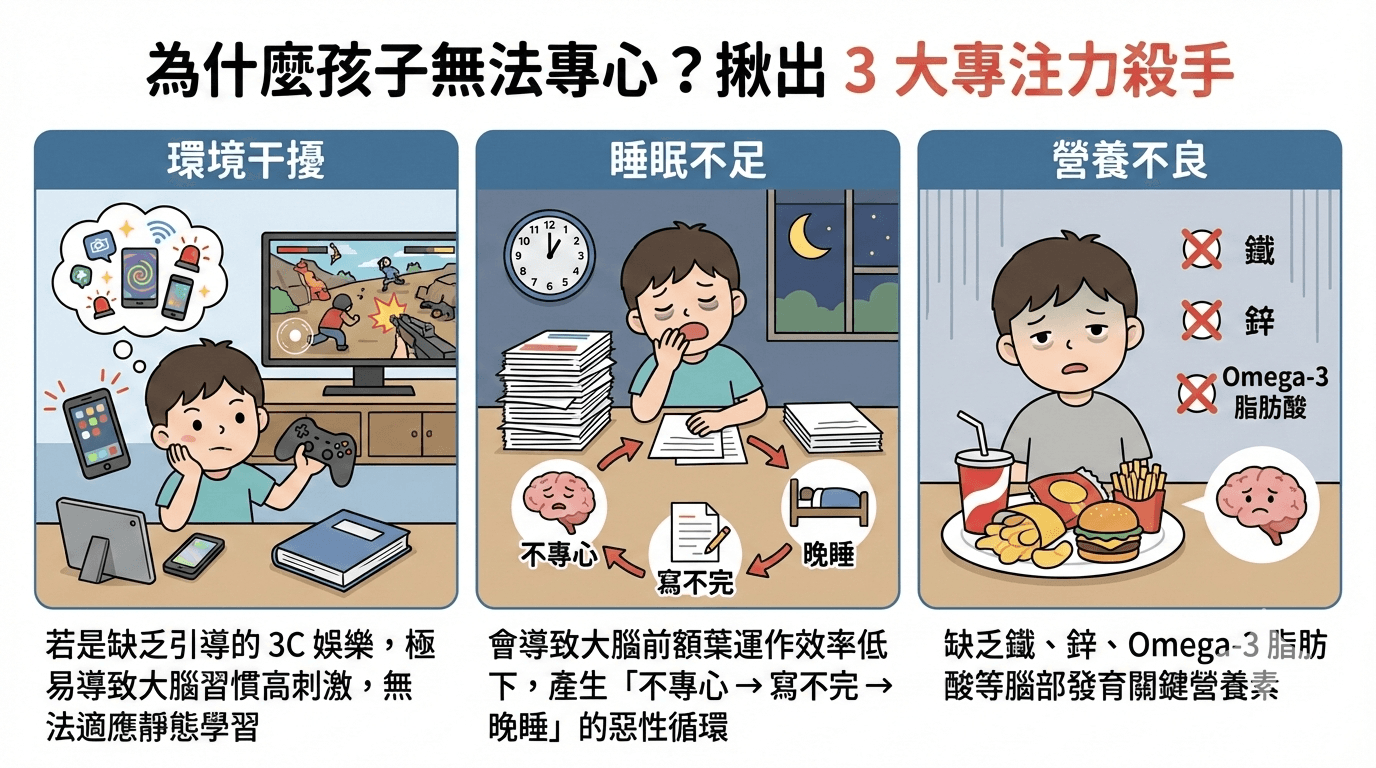 分心 3 大主因: 環境干擾、睡眠不足、營養不均。